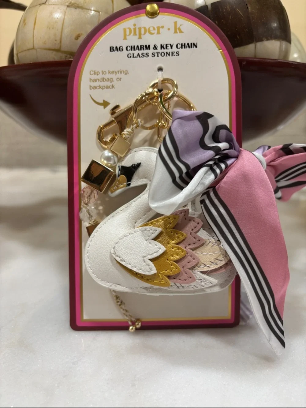 Piper K White & Gold Swan Bag Charm Key Chain with Scarf